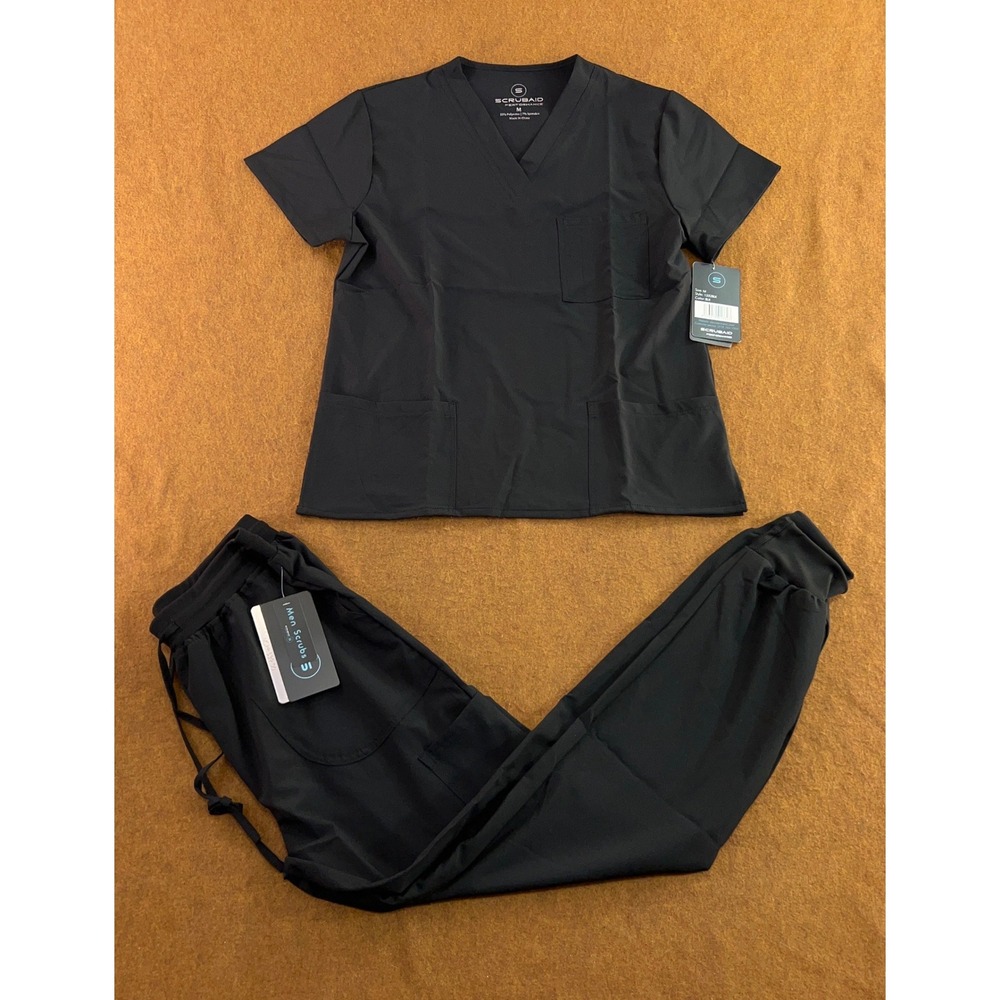Scrubaid Mens Medium Black Performance V-Neck Jogger Scrub Set 1332BLK NWT